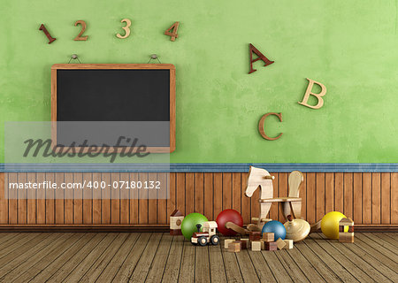 Vintage Play room with toys and blackboard on wall - rendering