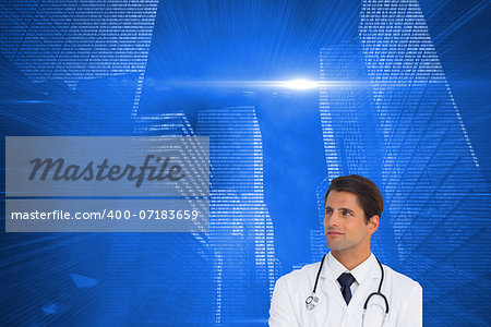 Composite image of confident doctor with arms crossed looking up