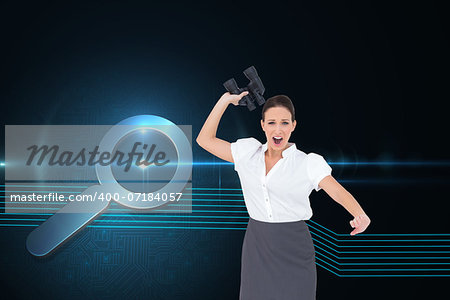 Composite image of angry businesswoman throwing binoculars away while posing