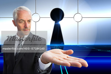 Composite image of concentrated businessman with palm up