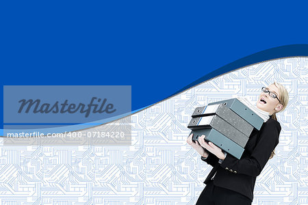 Composite image of overworked businesswoman carrying many folders