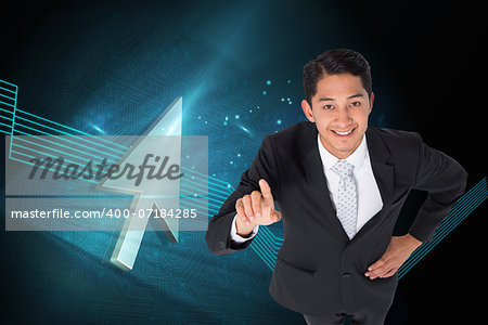 Composite image of smiling asian businessman pointing