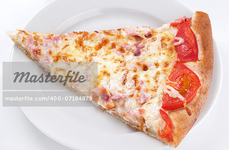 Slice of pizza on plate isolated on white background