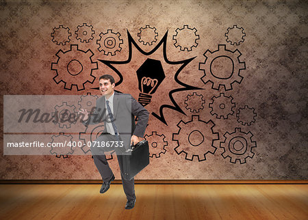 Composite image of cheerful attractive businessman in a hury