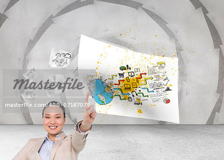 Composite image of smiling asian businesswoman pointing