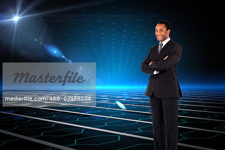 Composite image of portrait of smiling businessman with folded arms