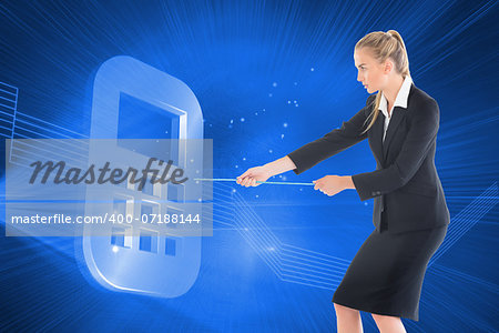 Composite image of blonde businesswoman pulling a rope