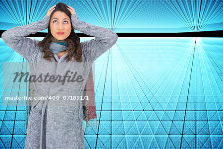 Composite image of anxious pretty brunette wearing winter clothes posing