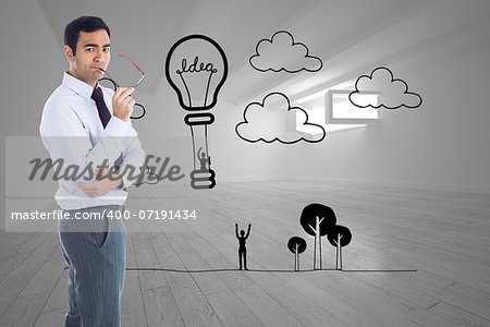 Composite image of thinking businessman holding glasses