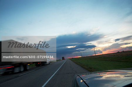 Transport on Trans Canada Highway looking West, near Swift Current, Alberta, Canada
