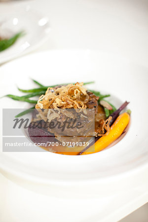 Close-up of beef entree, elegant dinner at wedding reception, Ontario, Canada