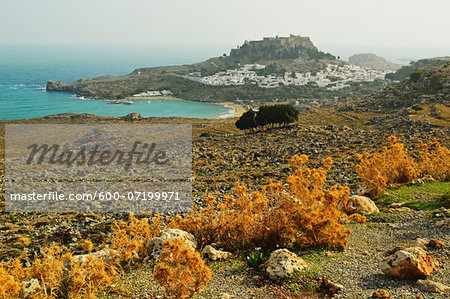 Lindos town and Acropolis of Lindos, Rhodes, Dodecanese, Aegean Sea, Greece, Europe