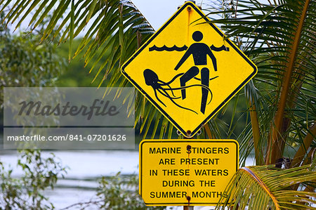 Marine stingers warning sign on Myall Beach by Cape Tribulation, Queensland, Australia