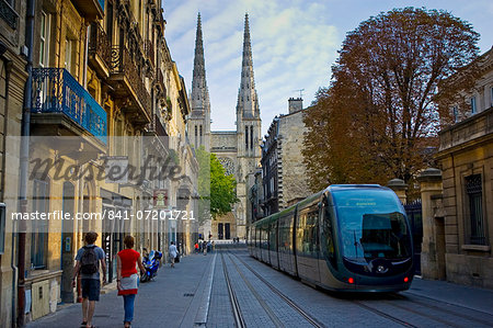 New public transport ttram system by St Andre Cathedral, Bordeaux, France.