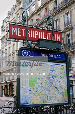 Metropolitain sign and map on Rue du Bac, Paris, France
