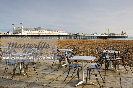 Tables and chairs on Brighton beach, England, United Kingdom