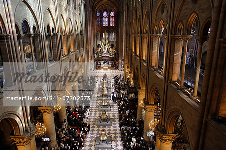 New bells temporarily displayed in the nave of Notre Dame cathedral, Paris, France, Europe