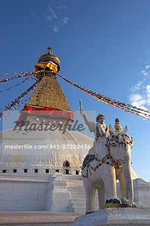 Warrior on elephant guards the north side of Boudhanath Stupa, UNESCO World Heritage Site, Kathmandu, Nepal, Asia