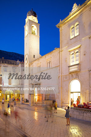 Clock tower and restaurants at dusk, Stradun, UNESCO World Heritage Site, Dubrovnik, Dalmatian Coast, Dalmatia, Croatia, Europe