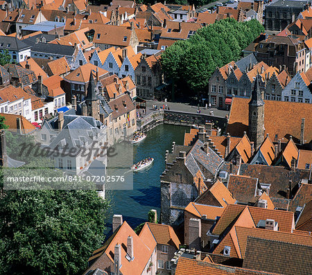 Aerial view over Rozenhoedkaai and roof-tops from the Belfry, Bruges, UNESCO World Heritage Site, Flanders, Belgium, Europe