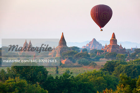 Dawn over ancient temples from hot air balloon, Bagan (Pagan), Central Myanmar, Myanmar (Burma), Asia