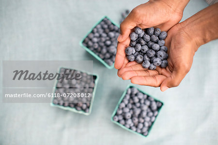 Punnets of fresh organic soft fruits. A person holding a handful of blueberries.