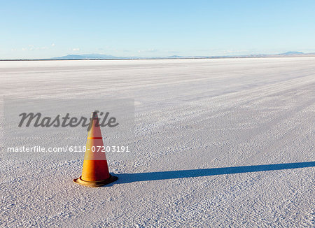 A single traffic cone in the white landscape of the Bonneville Salt Flats, during Speed Week