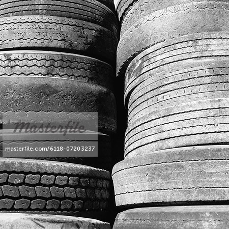 Close of a stack of discarded worn old automobile tyres, near Wendover in Utah.