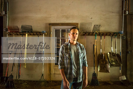 An organic farm in the Catskills. A man standing in a barn with equipment stored around the walls.