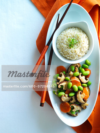 Overhead View of Shitake Stir Fry, Studio Shot Overhead View of Shitake Stir Fry, Studio Shot