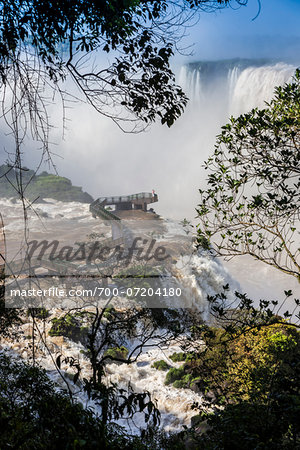 Scenic view of Iguacu Falls with footbridge, Iguacu National Park, Parana, Brazil