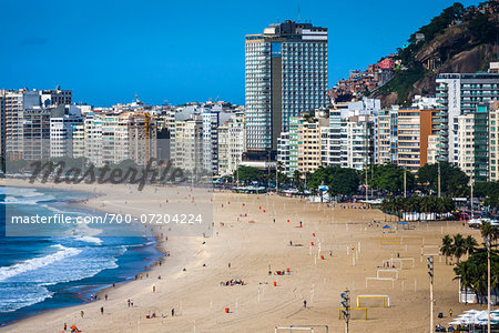 Copacabana Beach and buildings along shoreline, Rio de Janeiro, Brazil