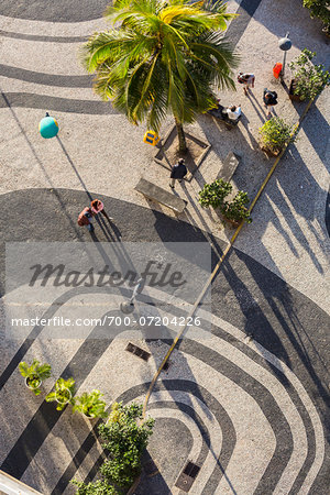 Close-up, overhead view of Copacabana Promenade and Copacabana Beach, Rio de Janeiro, Brazil