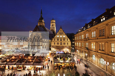 Christmas fair on Schillerplatz square with Stiftskirche church, Stuttgart, Baden Wurttemberg, Germany, Europe Christmas fair on Schillerplatz square with Stiftskirche church, Stuttgart, Baden Wurttemberg, Germany, Europe