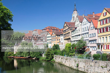 Old town with Holderlinturm tower Stiftskirche church reflecting in the River Neckar, Tubingen, Baden Wurttemberg, Germany, Europe