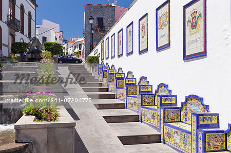 Ceramic benches by the water stairs, Paseo de Canarias, Firgas, Gran Canaria, Canary Islands, Spain, Atlantic, Europe