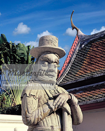 Guardian figure with European hat at Wat Pho (Wat Phra Chetuphon), early Rattanakosin period, Bangkok, Thailand, Southeast Asia, Asia Guardian figure with European hat at Wat Pho (Wat Phra Chetuphon), early Rattanakosin period, Bangkok, Thailand, Southeast Asia, Asia