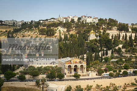 View over the Basilica of the Agony, Gethsemane, and the Maria Magdalena church on Mount of Olives, Jerusalem, Israel, Middle East