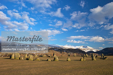 Castelrigg Megalithic Stone Circle in winter with Helvellyn range behind, Lake District National Park, Cumbria, England, United Kingdom, Europe