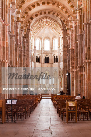 Looking down the nave of Basilique Sainte-Marie-Madeleine in Vezelay, UNESCO World Heritage Site, Yonne, Burgundy, France, Europe