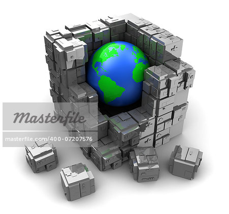 abstract 3d illustration of earth globe with steel blocks