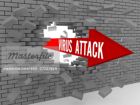 Arrow with words Virus Attack breaking brick wall. Concept 3D illustration.