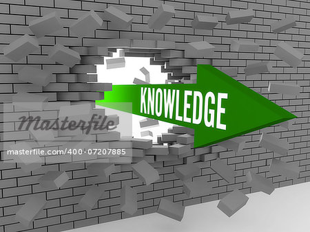 Arrow with word Knowledge breaking brick wall. Concept 3D illustration.