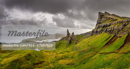 Panoramic view of Old man of Storr mountains, Scottish highlands, United Kingdom