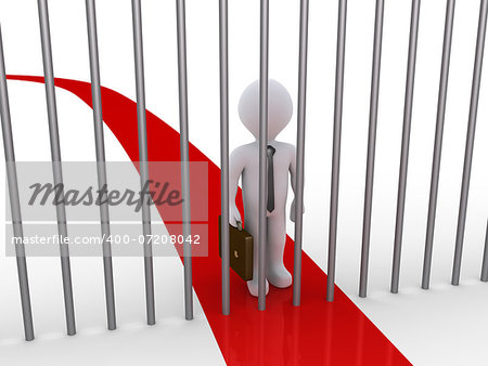 3d businessman is blocked by metal bars that are on his path