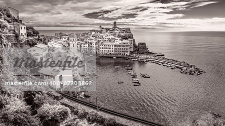 Panoramic vintage view of village and harbor in Vernazza, Cinque Terre, Italy