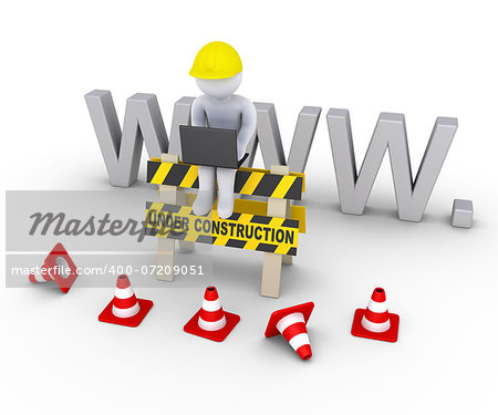 3d worker with laptop is sitting on an under construction sign in front of www letters