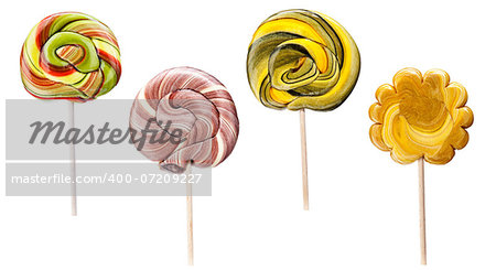 Set of twirled caramel candies on sticks, different colors. File includes clipping path