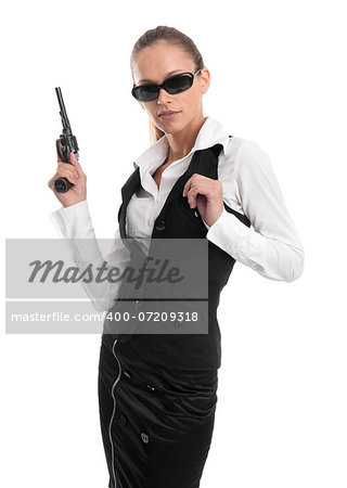 business woman with gun isolated on white