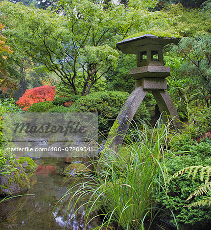 Japanese Stone Lantern in Garden with Rocks Trees Plants and Shrubs by Water Stream during Fall Season